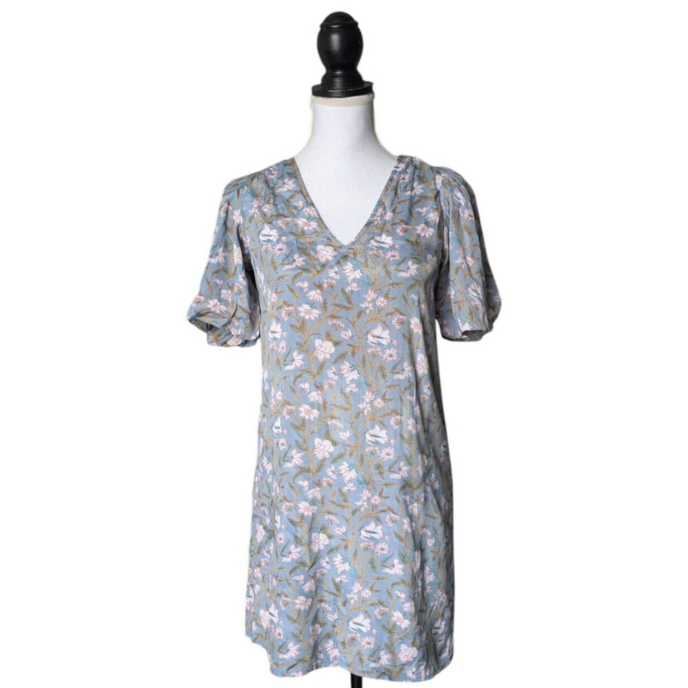 Anna Cate Blue Floral Print V Neck Puff Sleeve Dress Size XS Sheen Vines